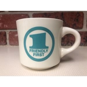 Friendly First Coffee Mug Logo Vintage Advertising Business Giveaway Gift USA